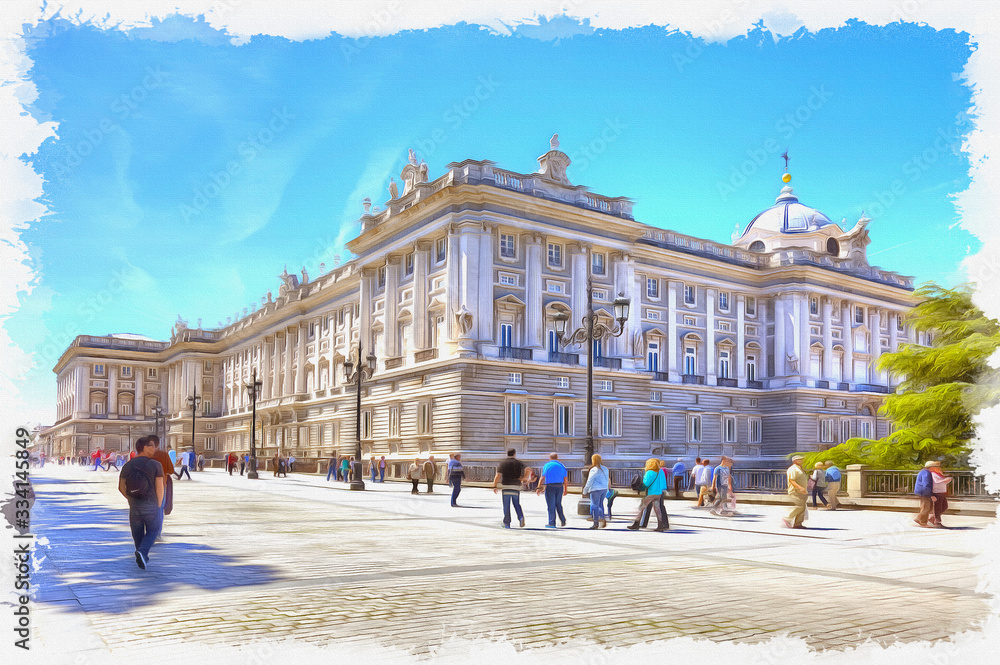 Imitation of a picture. Oil paint. Illustration. Madrid. Royal palace