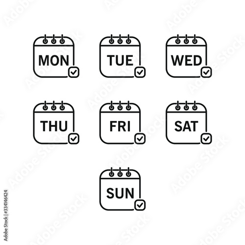 Days of the week icon set. Daily calendar flat design isolated on white background. Vector illustration
