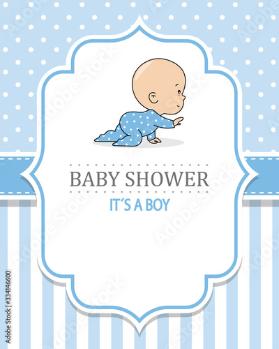 Baby shower card. Crawling boy. Frame with space for text	