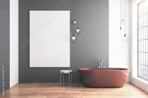 Minimalistic bathroom with blank poster on wall