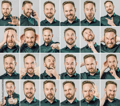 Set of handsome man with different emotions and gestures photo