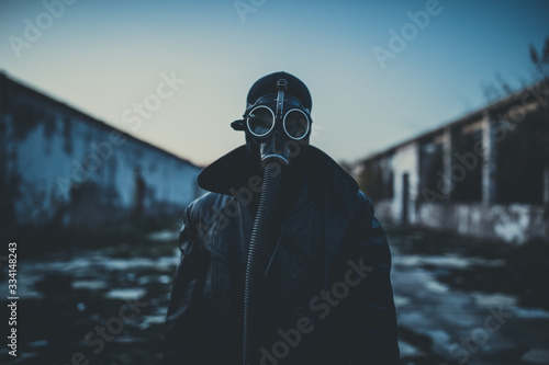 Man wearing protective gas mask.
