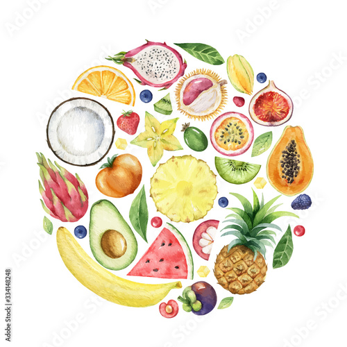 Watercolor vector hand painted card of exotic fruits.