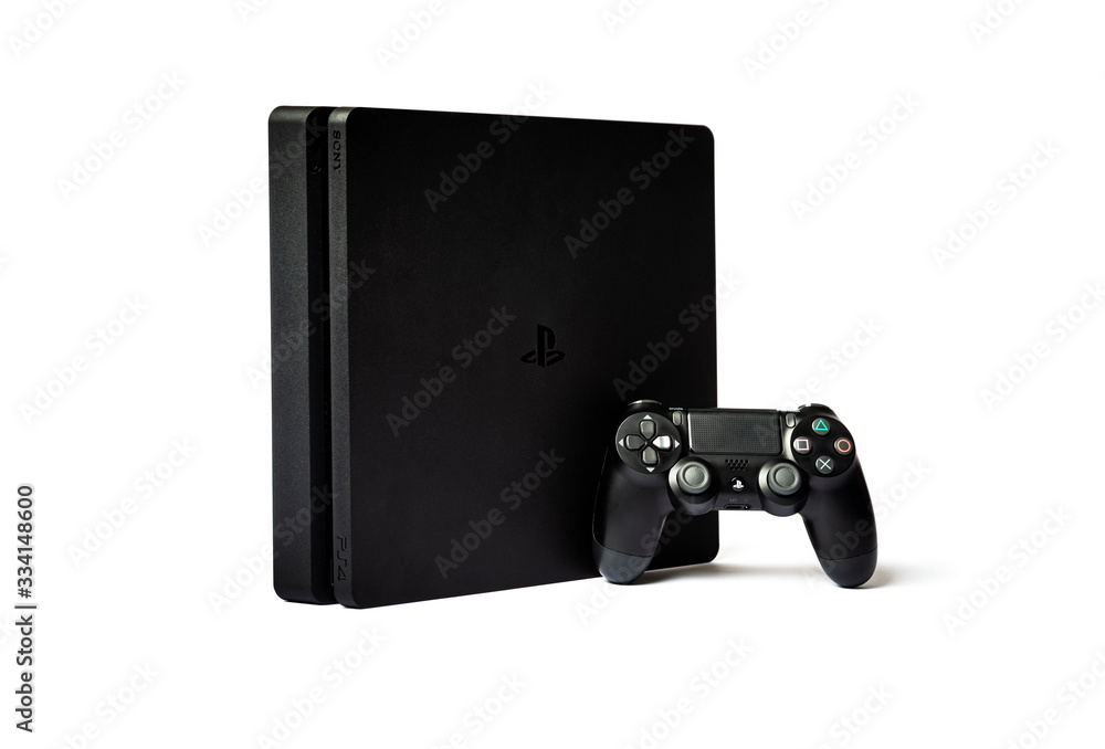 Sony PlayStation 4 and game controller on white background foto de Stock |  Adobe Stock