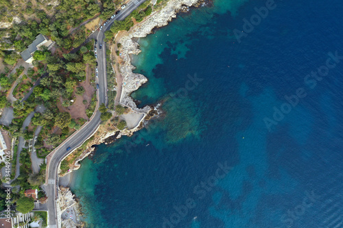 Beautiful line of the sea coast in nice France on the Cote d'azur. Port of nice aerial photography, top view. Blue water.