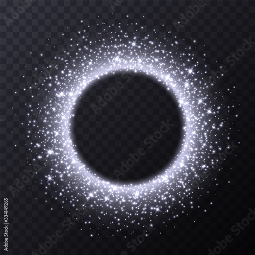 Silver circle frame with sparkles and flares, abstract luminous particles, white stardust light effect isolated on a dark background. Xmas glares and sparks. Luxury backdrop. Vector illustration.