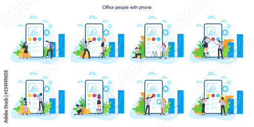 Business woman and man with mobile phone set. Collection of female