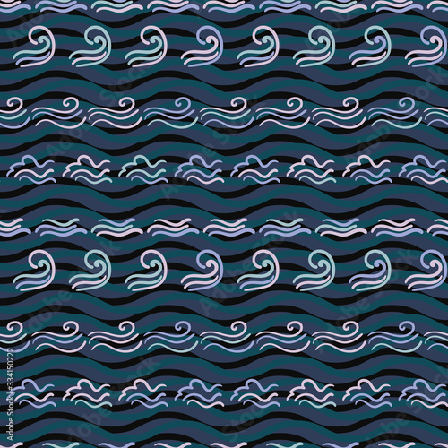 Ocean waves doodle seamless vector pattern in dark blue. Marine surface print design. Fora fabrics, stationery and packaging.