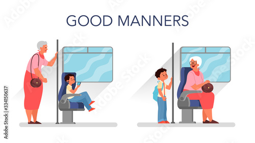Good manners concept. Retired woman standing in the bus