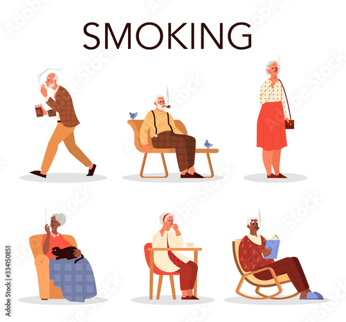 Old people smoking set. Retired man and woman sitting on a bench