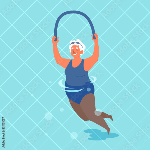 Old woman doing exercise with swimming pool noodle in her hands.