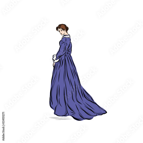 Woman in purple ball gown. Lady in vintage style from the nineteenth century.