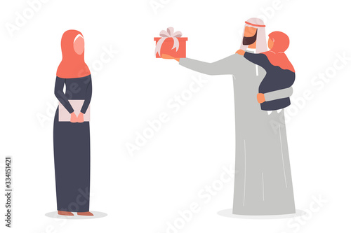 Muslim man holding gift box. Arabian people in traditional clothes