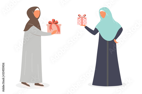 Muslim woman holding gift box. Arabian woman in different