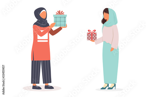 Muslim woman holding gift box. Arabian woman in different