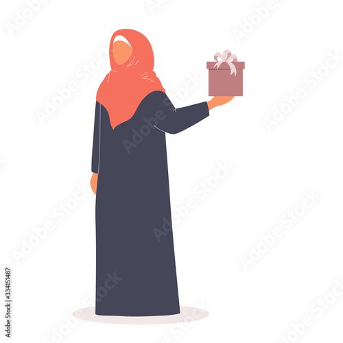 Muslim woman holding gift box. Arabian woman in different