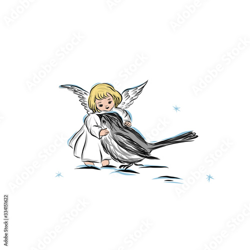 Baby angel with bird. Biblical heavenly symbol of man with wings. Decor for greeting retro cards for Christmas, Easter and other religious holidays. Illustration for children's tales.