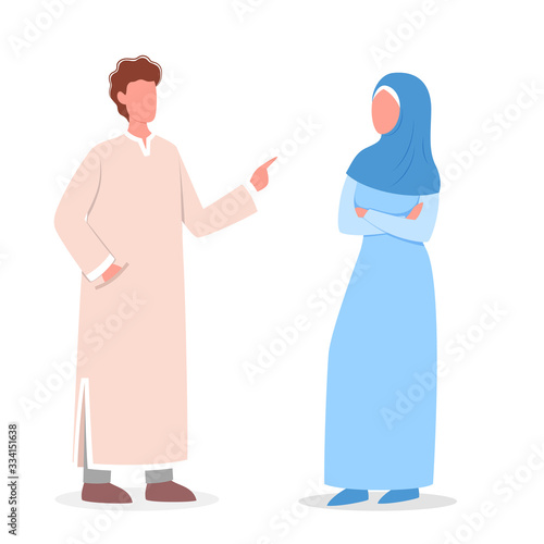 Muslim woman and man talk to each other. Arabian business man