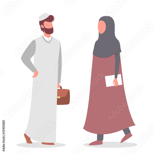 Muslim woman and man talk to each other. Arabian business man