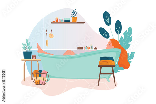 Woman taking a bath. Hygiene and beauty. Zero waste bathroom