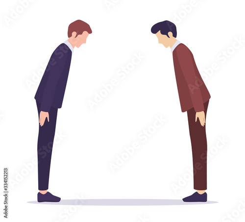 International business comunication. Japanese businessman greeting bow.