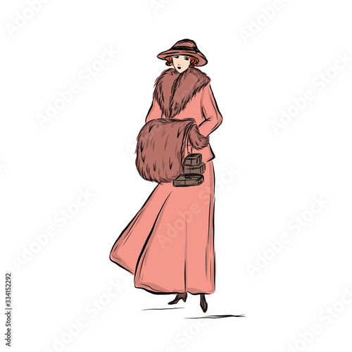Lady in vintage pink coat, long skirt, hat holds Christmas gifts. Woman warming hands in muff. 