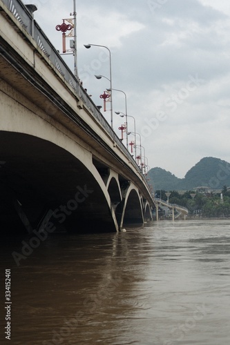 Sideview on a bridge over the river with muddy water on cloudy day in Asia, China.