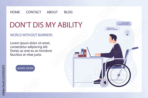 Disabled young man in wheelchair working in office. Happy man with