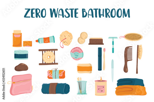 Zero waste bathroom set. Collection of eco elements for people