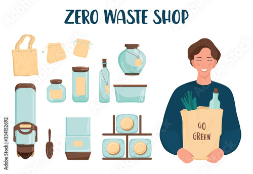 Zero waste shop set. Dispenser for bulk products, glass jar and textile