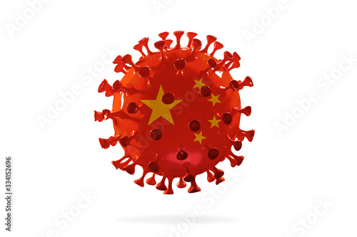 Model of COVID-19 coronavirus colored in national China flag, concept of pandemic spreading, medicine and healthcare. Worldwide epidemic with growth, quarantine and isolation, protection.