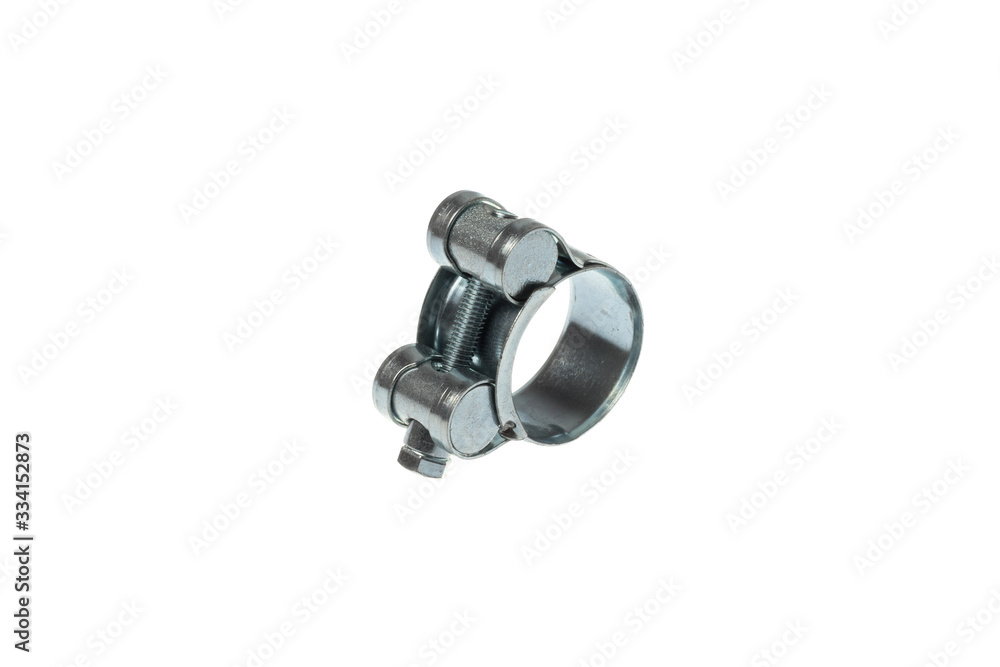 Single steel hex screw adjustable hose clamp, isolated on white background Single steel hex screw adjustable hose clamp, isolated on white background