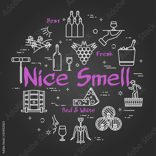 Vector black concept of winemaking with text Nice Smell