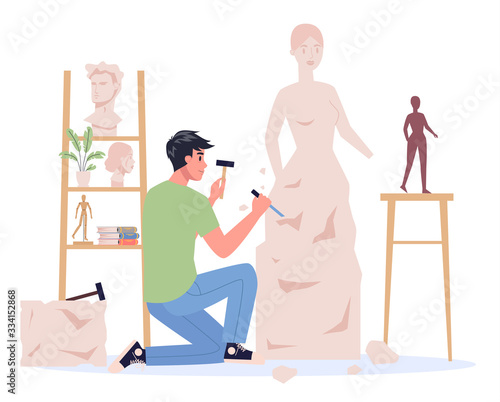 Young sculptor working. Creating sculpture of the marble. Creative