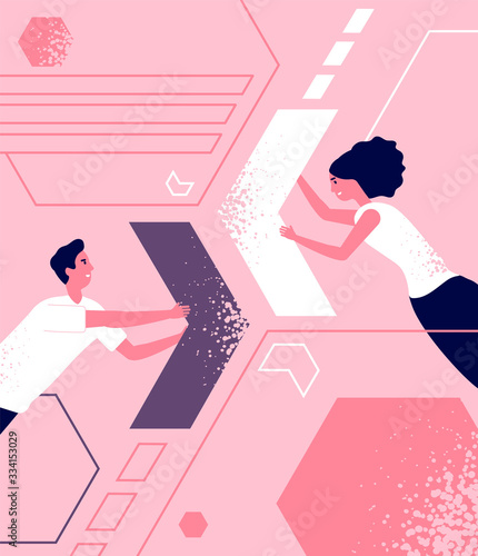 Geometric shapes business metaphor. Creative team, organized people or business collaboration. Supportive collective vector illustration. Team business characters building and collaboration