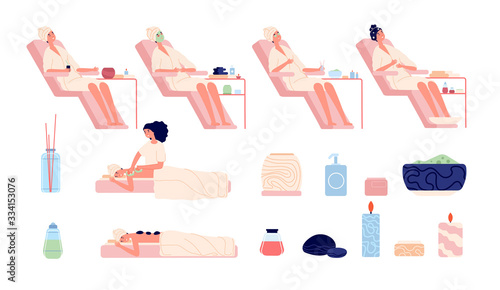 Wellness center. Foot spa, health nature bath. Beautiful visitor, stone massage and aromatherapy. Isolated body skincare vector collection. Massage wellness for health and beauty, relax illustration