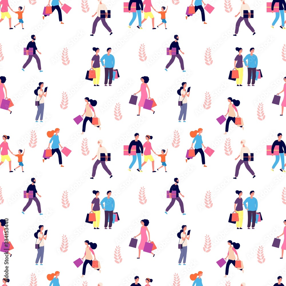 Shopping people pattern. Happy smiley men women kids with shop bags. Walking persons vector background. Shopping family, woman and man with children illustration