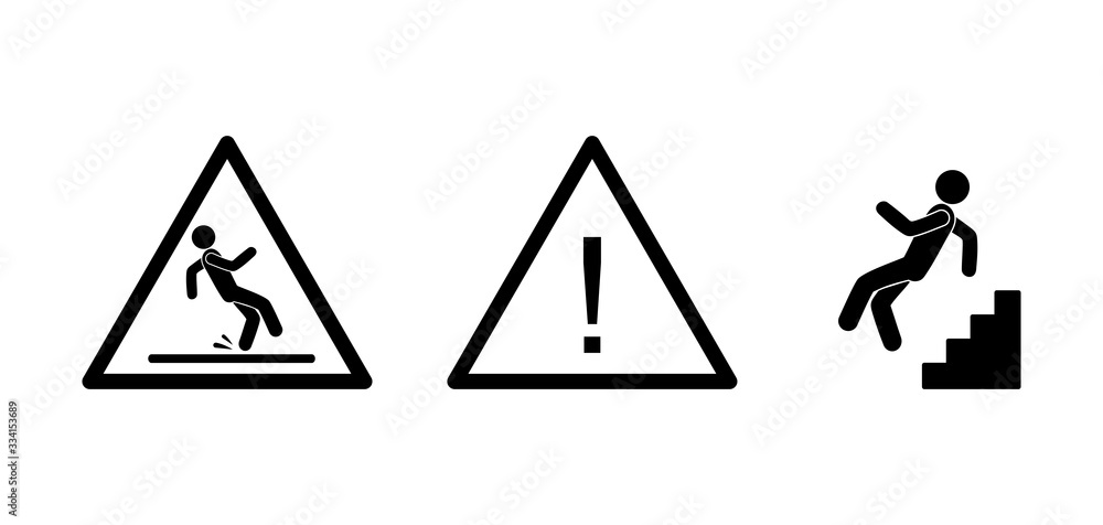 stick figure icon man falls, slippery floor sign, isolated silhouettes of people stick figure icon man falls, slippery floor sign, isolated silhouettes of people