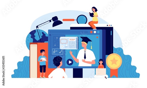 Online school. Creative free e-learning. Children home education. Student with laptop, courses and tutor. Kids training vector illustration. Education online, homeschool for get knowledge