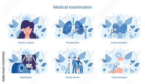 Medical specialty and examination set. Plastic surgeon, TB specialist,