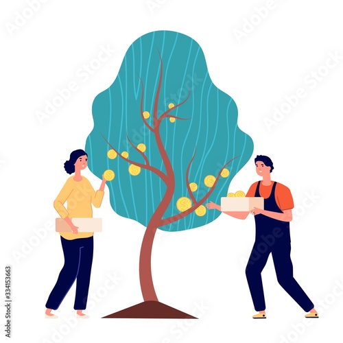 Investment profit. Finance tree, cash money and businessman strategy revenue. Economy income metaphor, succesful investing vector concept. Cash revenue, investment and income financial illustration