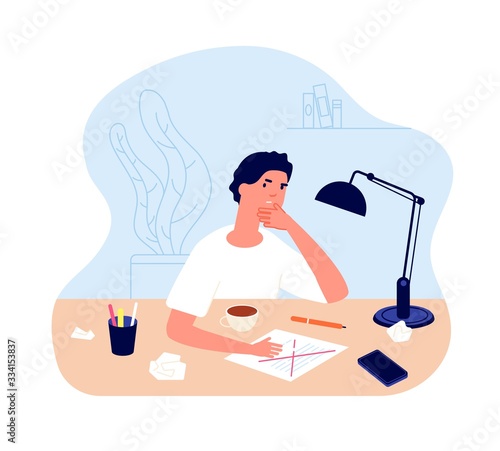 Creativity crisis. Confused man, writer doubts and has creative problems. Manager thinks workplace, young boy and inspiration vector. Business creative crisis, inspiration workplace illustration