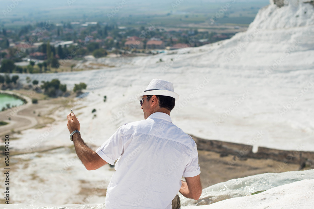 .pamukkale thermal springs from white limestone tourists walk cotton castle cultural object UNESCO World Heritage Turkey