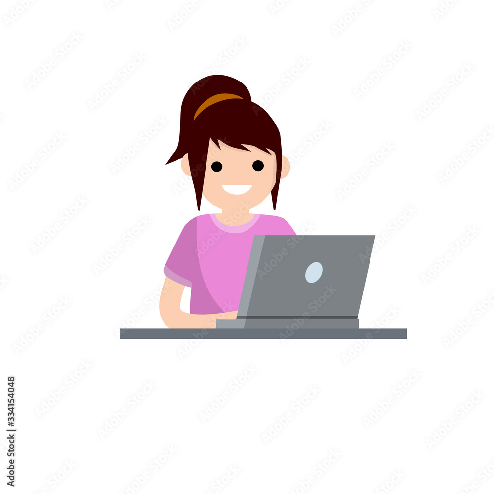 Girl with laptop. Work at computer. Smiling happy blond woman in pink t-shirt. Study and education. Cartoon flat illustration. Student at school Girl with laptop. Work at computer. Smiling happy blond woman in pink t-shirt. Study and education. Cartoon flat illustration. Student at school