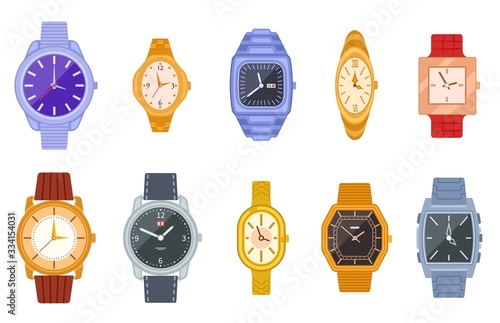 Classic watch. Wrist watches, women men clock. Isolated fashion expensive female male timer chronograph. Flat unisex wristwatch vector set. Strap clock, fashionable collection wristwatch illustration