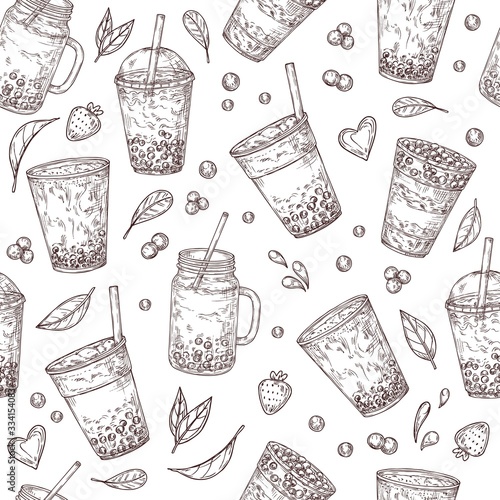 Boba tea pattern. Asian drinks background, bubble milk shake. Fresh cold juices with pearls. Sweet taiwan breakfast vector seamless texture. Seamless fresh tapioca, taiwan boba tea illustration
