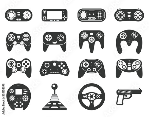 Black game console. Video games joystick, playing device. Isolated computer gadgets, controller and consoles silhouette. Gaming vector icons. Gadget game, play gaming entertainment illustration