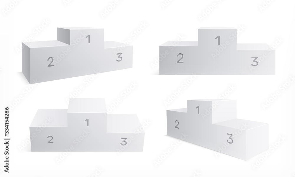 Winner podium. Isolated stairs, prize award pedestals. 3d projections of victory platforms, first place win. White scenes, stand vector set. Award winner, stage podium, pedestal platform illustration Winner podium. Isolated stairs, prize award pedestals. 3d projections of victory platforms, first place win. White scenes, stand vector set. Award winner, stage podium, pedestal platform illustration