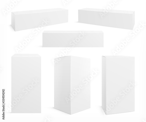 Realistic white box. Cosmetics packaging mockup, isolated paper packs. Medicine 3d blank boxes, closed containers. Product carton vector set. Illustration rectangular box oblong, white cardboard