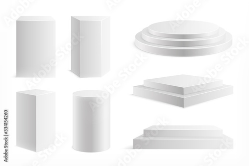 Realistic podium. Square shape showroom pedestal. Blank stand, 3d grey empty platforms. Isolated stairs for winner or exhibition vector set. Pedestal showroom, platform circular and cube illustration